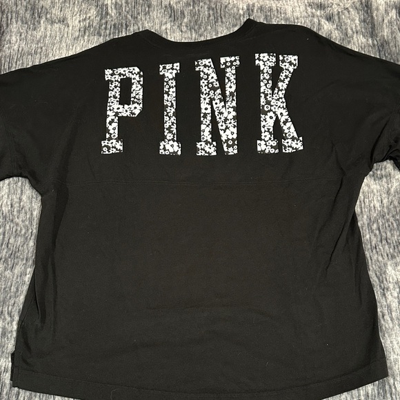 PINK Victoria's Secret Black Short Sleeve Tee with White Floral Design - Picture 3 of 12